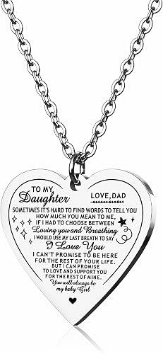 Vimiew Heart Pendant Necklace for Daughter - Inspirational Gift from Dad & Mom - Never Forget I Love You - Perfect for Christmas & Mother's Day Color: 1.Daughter Heart Necklace - Hard To Tell You - Dad