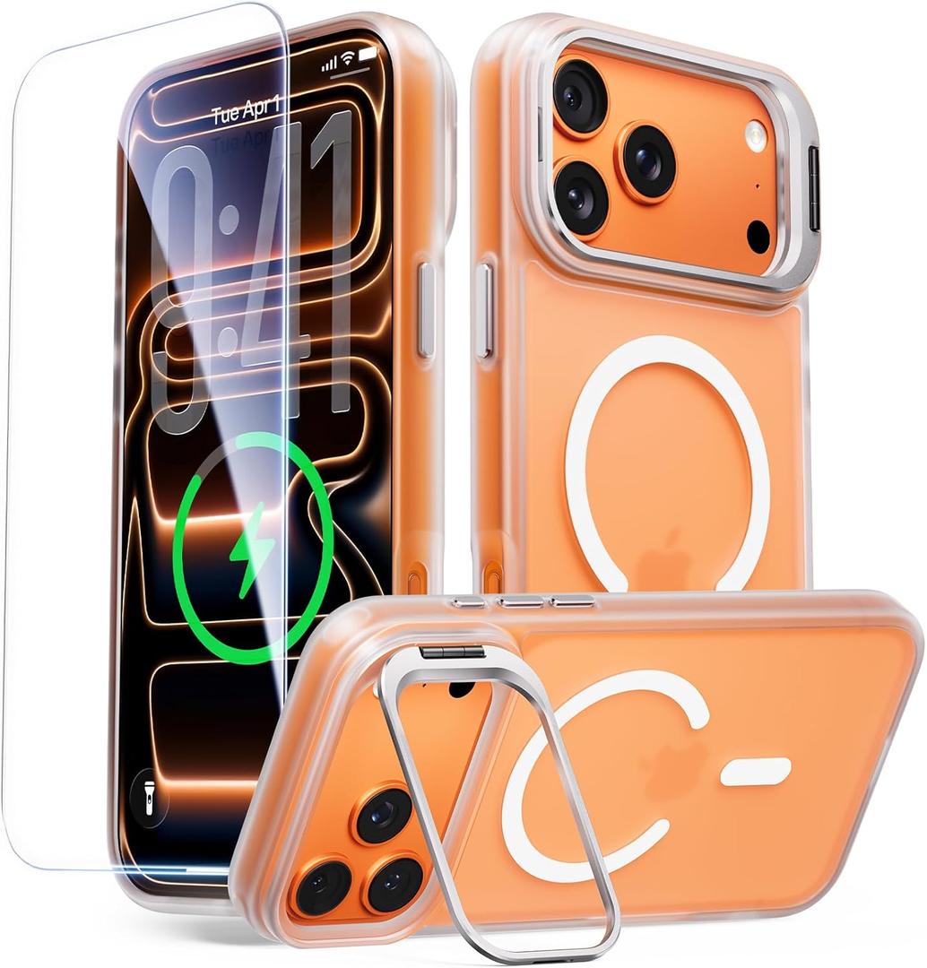for iPhone 17 Pro Case with Stash Lens Stand and 9H Screen Protector, Compatible with MagSafe, Military-Grade Drop Protection Phone Case for iPhone 17 Pro, 360 Full Protection, Frosted Clear