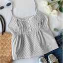 Women's Striped Button Front Flared Camisole Tops Shirred Spaghetti Strap Tank Top (S)