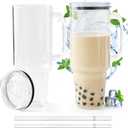 Glass Cups with Lids and Straws 40 oz Glass Tumbler with Straw and Lid 2 Pack Glass Tumbler with Handle Wide Mouth Iced Coffee Cups for Smoothies, Soda, Tea, with Acrylic Lids