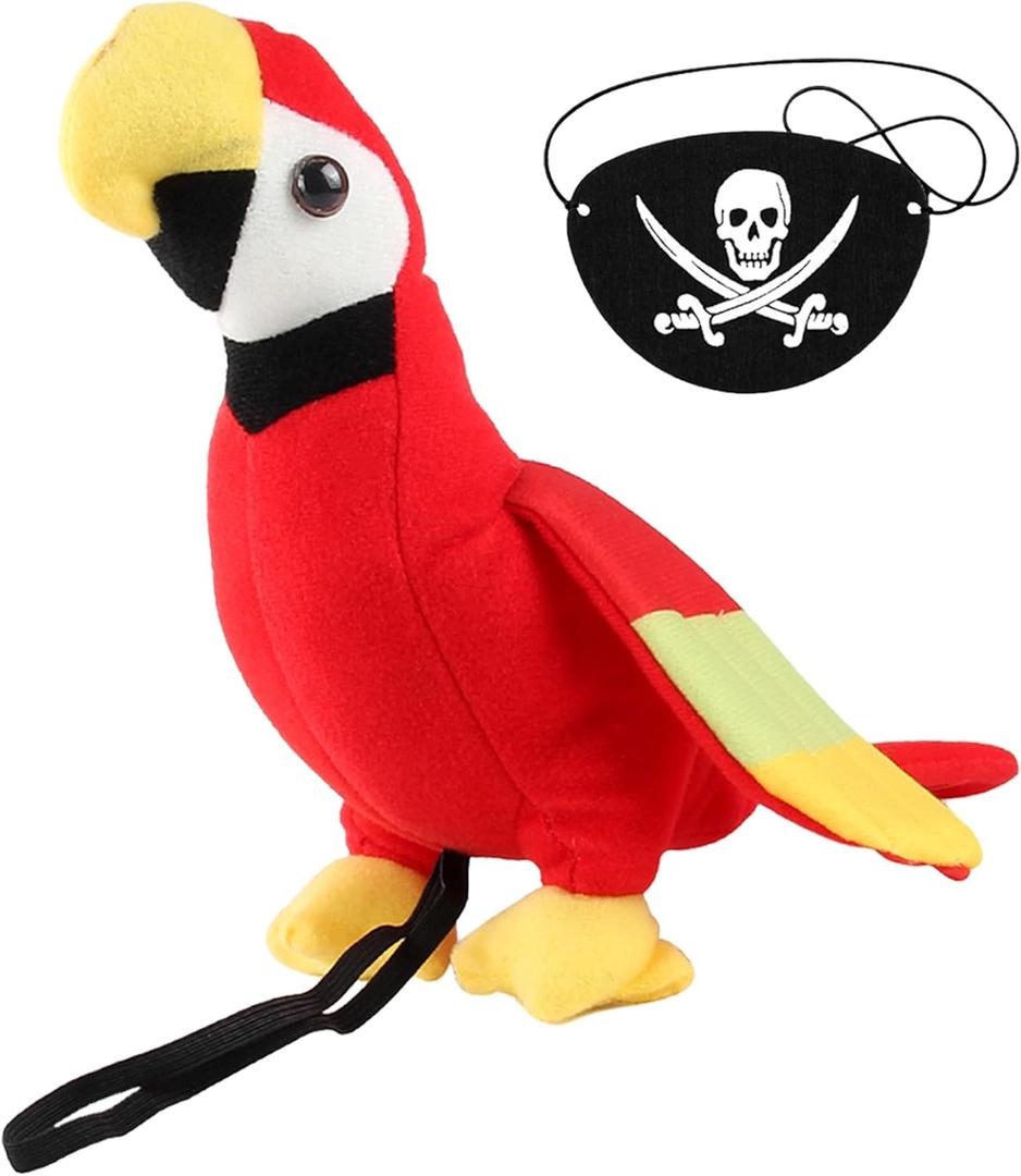 D-Fokes 2PCS Pirate Costume Accessories, Red Stuffed Shoulder Parrot & Black Skull Print Eye Patch for Kids and Adults, Halloween Pirate Outfit Cosplay Party Props Dress-Up