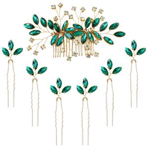 inSowni 7 Pieces Emerald Green Rhinestone Wedding Bridal Hair Side Comb Slide+U-shaped Hairpins Hair Accessories Headpieces for Women Girls Brides Bridesmaids
