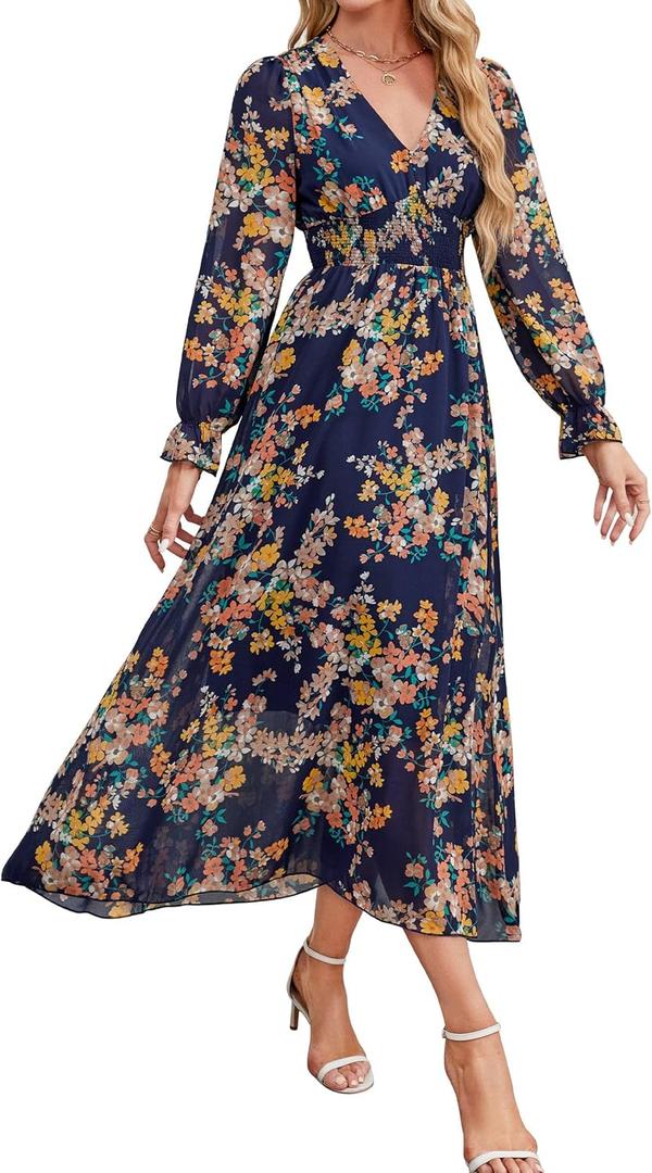 Women's 2025 Floral Summer Maxi Dress, Spring Long Sleeve V-Neck Empire Waist Dress, Flowy Wedding Guest Dresses Navy Blue (XL)