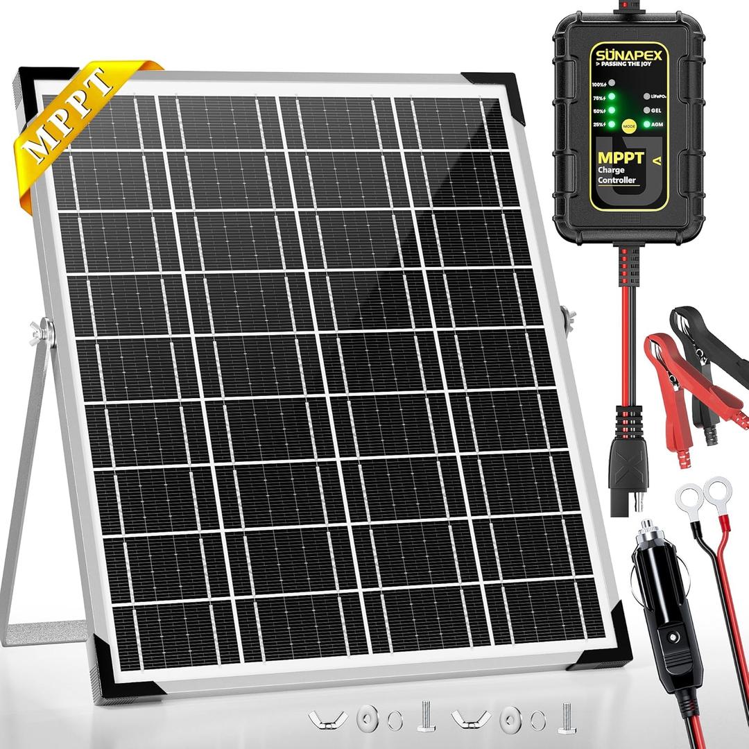 SUNAPEX 25W 12V Solar Battery Charger Maintainer, Waterproof Solar Panel Trickle Charger with MPPT Controller for Car