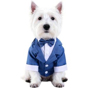 GabeFish Pets Wedding Jackets Suit for Dogs with Bow Tie Puppy Cat Formal Clothes Shirt Tuxedo (Blue, S (Chest 12.9in/33cm)