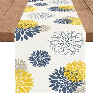 Blue Yellow Gray Table Runner Dahlia Pinnata Flower Beige Table Runners Modern Elegant Pompon Farmhouse Geometric Coffee Table Center Decor for Home Kitchen Dining Party 13 x 48 Inch