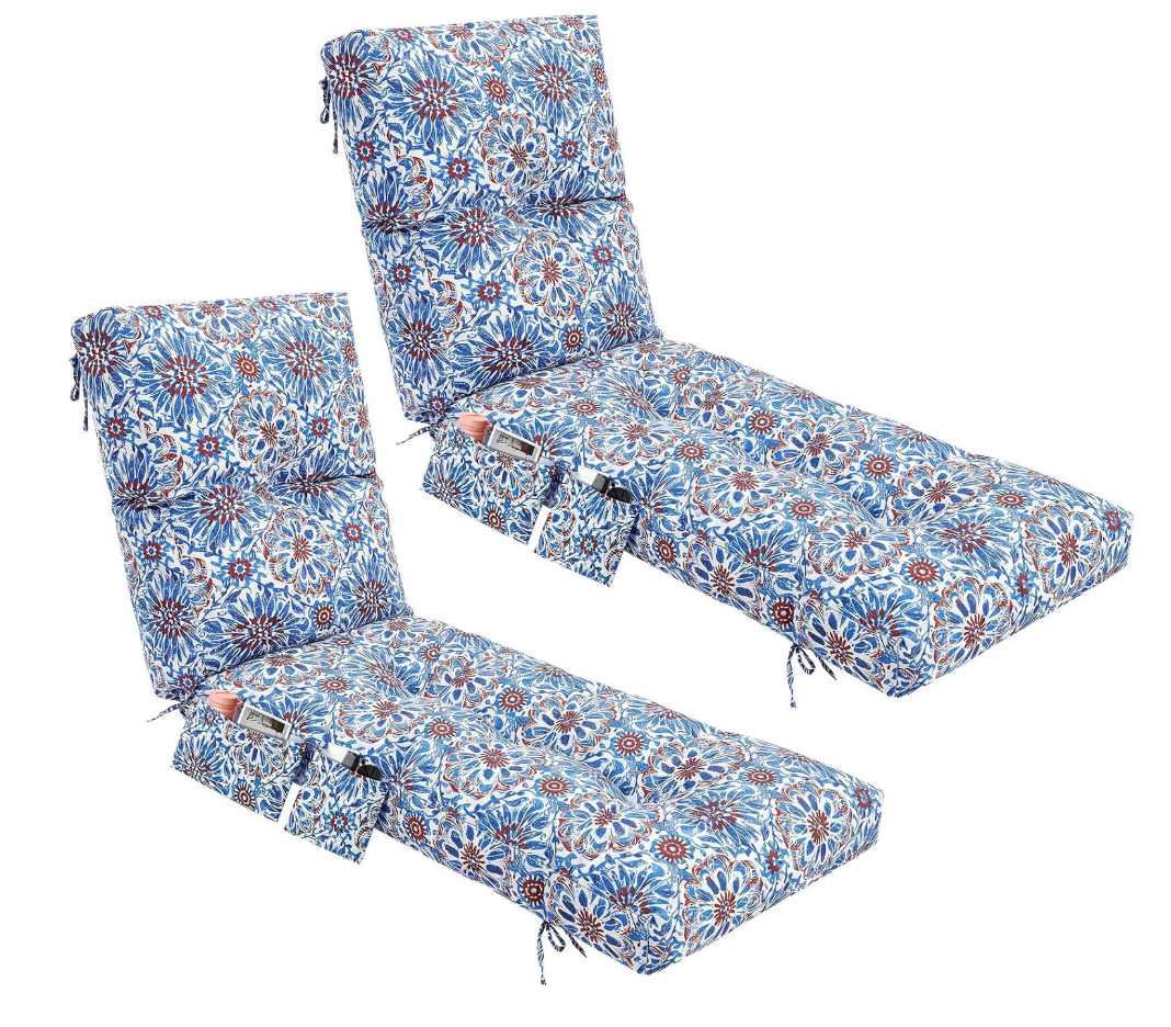 Kigley Outdoor 2 Pcs Chaise Lounge Cushions with Side Pocket 76x22x6 Thick Tufted Waterproof Patio Pool Lounge Chair Replacement Cushion Navy Blue Retro Fade Resistant for Furniture Lawn