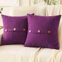 HAUSSY Purple Linen Decorative Throw Pillow Covers 14x14 Inch Set of 2,Square Cushion Case with 3 Vintage Buttons,Modern Farmhouse Home Decor for Couch,Bed