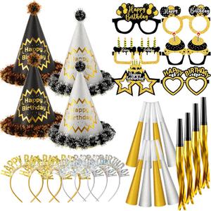 Sratte 36 Pcs Black Gold Style Birthday Party Favors Set Happy Birthday Hat Headband Glasses Noise Makers Party Horns