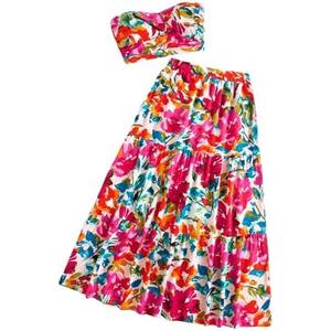 SOLY HUX Women's Boho 2 Piece Outfits Floral Print Colorful Tube Top and Ruffle Hem Maxi Skirt Set, (Multicoloured Floral, XS)