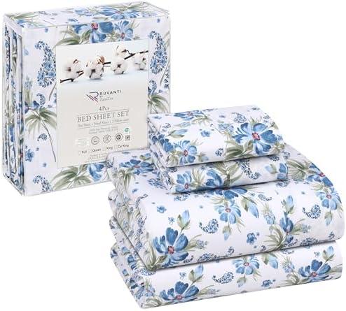 RUVANTI 100% Cotton Full Size Bed Sheets, 3 Pieces, Soft & Breathable Percale Weave Bedding, Deep Pocket 16", Hotel Standard, Crisp Cool Feel, Durable, Perfect Sheet Set Floral, Paislyona