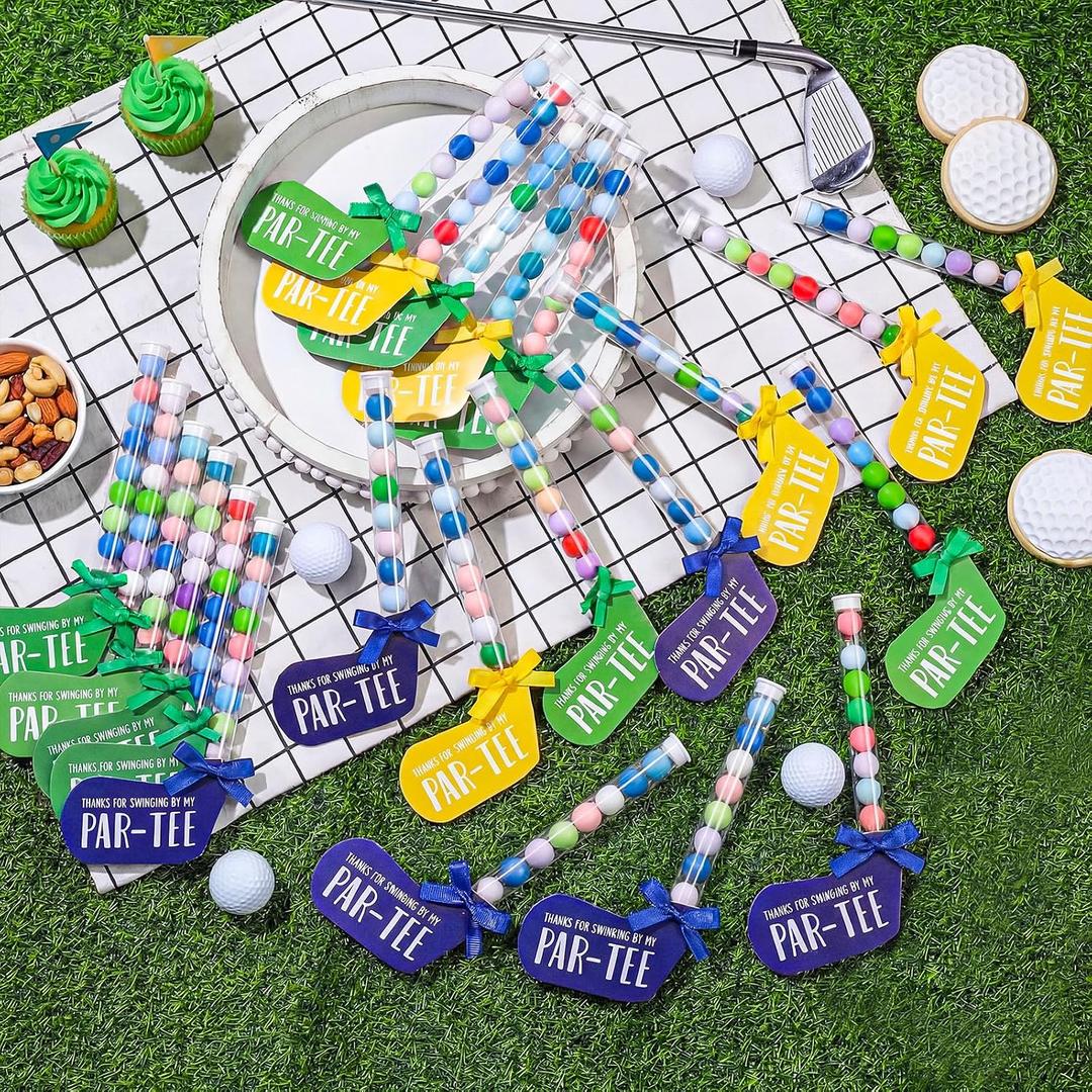 VioraWhite 24 Set Golf Party Favor Bulk Golf Birthday Party Decoration Set Includes Gumball Candy Tubes with Mini Hats and Stickers Clear Plastic Tubes Sport Goodie Bag Gift(Blue,Green,Yellow)