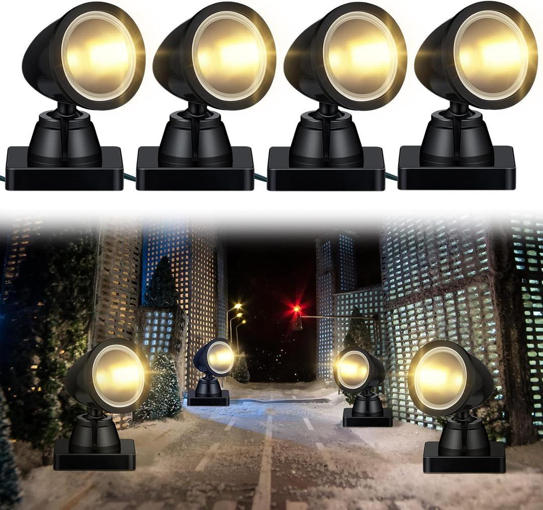 Kingdder 4 in 1 Accessories for Villages Building Light Christmas Village Collection Round Spotlights Battery Operated LED Light with Switch for Christmas Landscape(Warm White,4 Pcs)