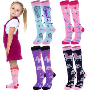 Tisancy 4 Pairs Kids Compression Socks 15-20 MM Hg Knee Length Compression Stockings Travel Socks for Kids Childrens (Unicorn, Multicolor)