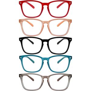 5 Pack Blue Light Blocking Reading Glasses Fashion Square Computer Readers for Women Men, Anti UV Ray Nerd Eyeglasses (5C A, 0.5)