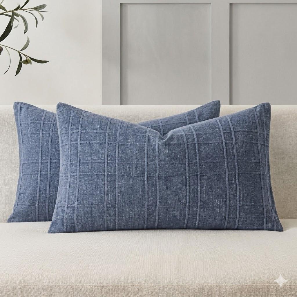 MIULEE Decorative Linen Check Lumar Throw Pillow Covers Neutral Farmhouse Vintage Pillow Covers 12x20 Set of 2 Boho Modern Home Decor for Sofa Couch Bedroom Cushion  Blue