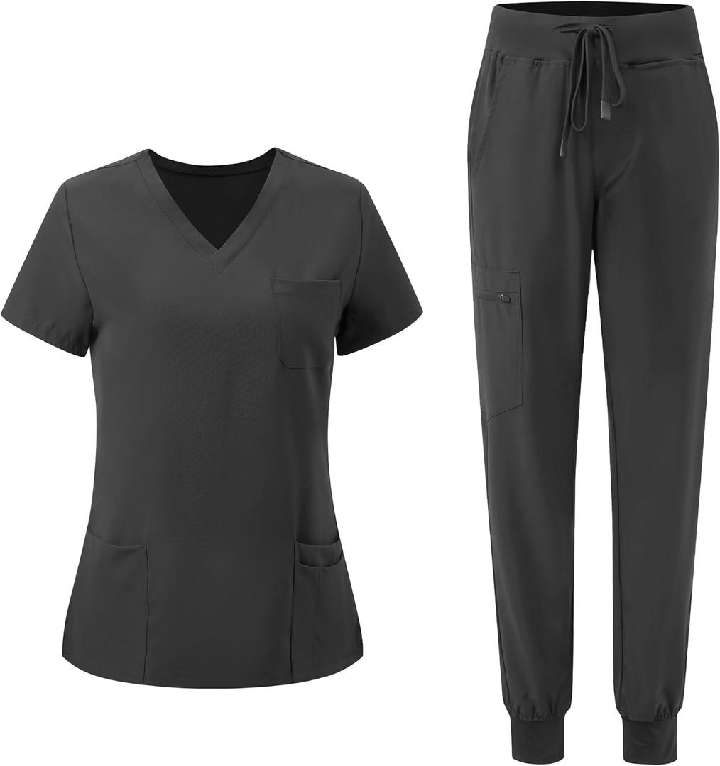 Scrubs for Women, V-Neck Scrubs Top & Cargo Pants with 10 Pockets (Large, Dark Grey)