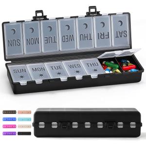 [Foldable & Dual Protection] Weekly Pill Organizer 2 Times A Day with Etched Labels, AM PM 7 Day Medicine Container Box, Large Portable Week Travel Pill Case for Daily Medication, Vitamin -Black