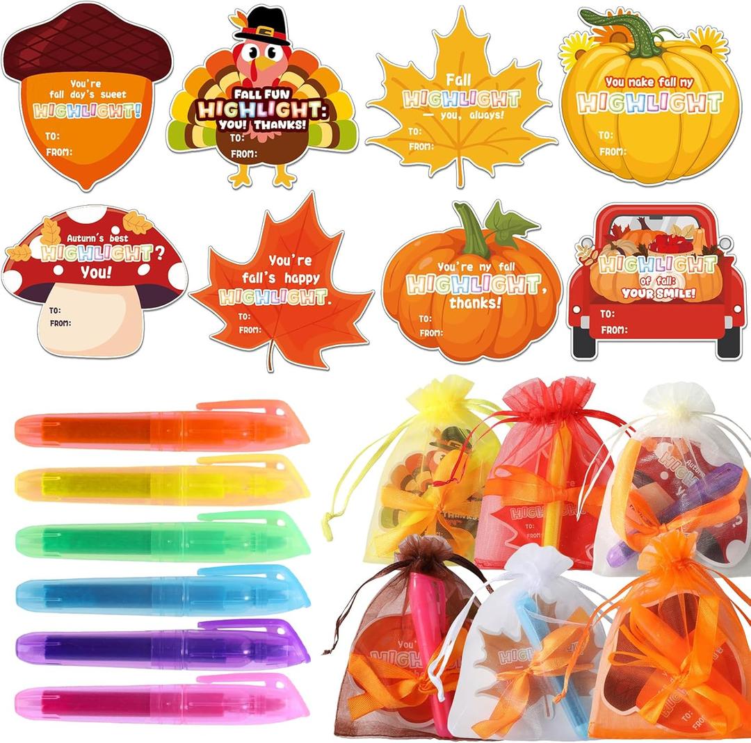 OBUSATT 96 PCS Thanksgiving Fall Highlighters Fall Party Favor Gifts Bulk 24 Set Pumpkins Maple Leaves Turkeys Cards Colorful Highlighters with Gift Bags and Ribbons for Office Party Supplies