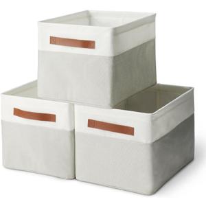 Amazon Basics Collapsible Storage Bins with Leather Handles, Linen, Large, Pack of 3