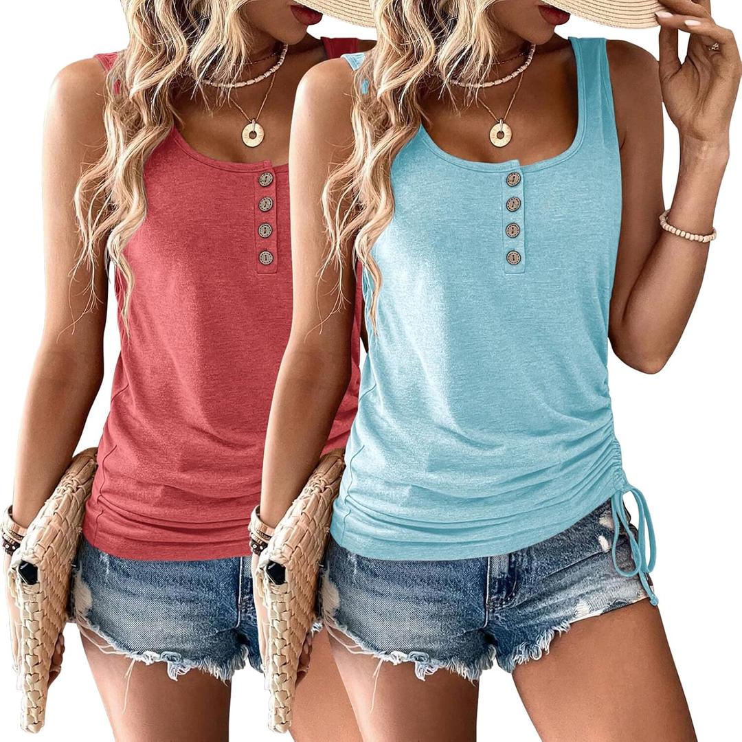 Women's Tank Tops, 2 Pack Summer Tank Tops for Women 2025, Sleeveless U Neck Loose Button Casual Henley Tops Shirts (Small, Rose Gold & sky Blue)