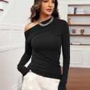 Meetrendi Women's Sexy Off Shoulder Tops Dressy Long Sleeve Asymmetrical Slim Fit Going Out Blouse Ruched Shirts 2026 (Black, M)