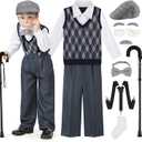 9 Pcs 100 Days of School Costume for Boys Old Man Costume for Kids Grandpa Dress Up Outfits Set (11-13Years, Gray Plaid With Darkgray)