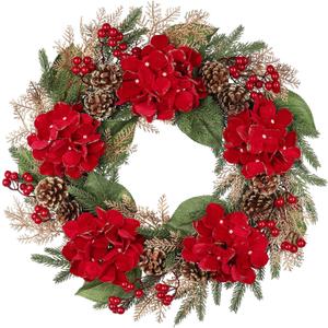24" Christmas Wreath for Front Door Artificial Hydrangea Flowers Christmas Wreaths with Red Berries Pine Cones Norfolk Pine Cedar Decor for Winter Home Porch Wall Window Indoor Outdoor Xmas Decoration