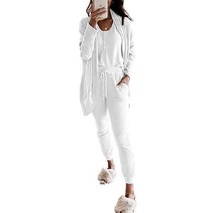 Fessceruna Womens Waffle Knit 3 Piece Lounge Sets Pajama Tank Top Long Sleeve Cardigan and Pants Loungewear Outfit White, M