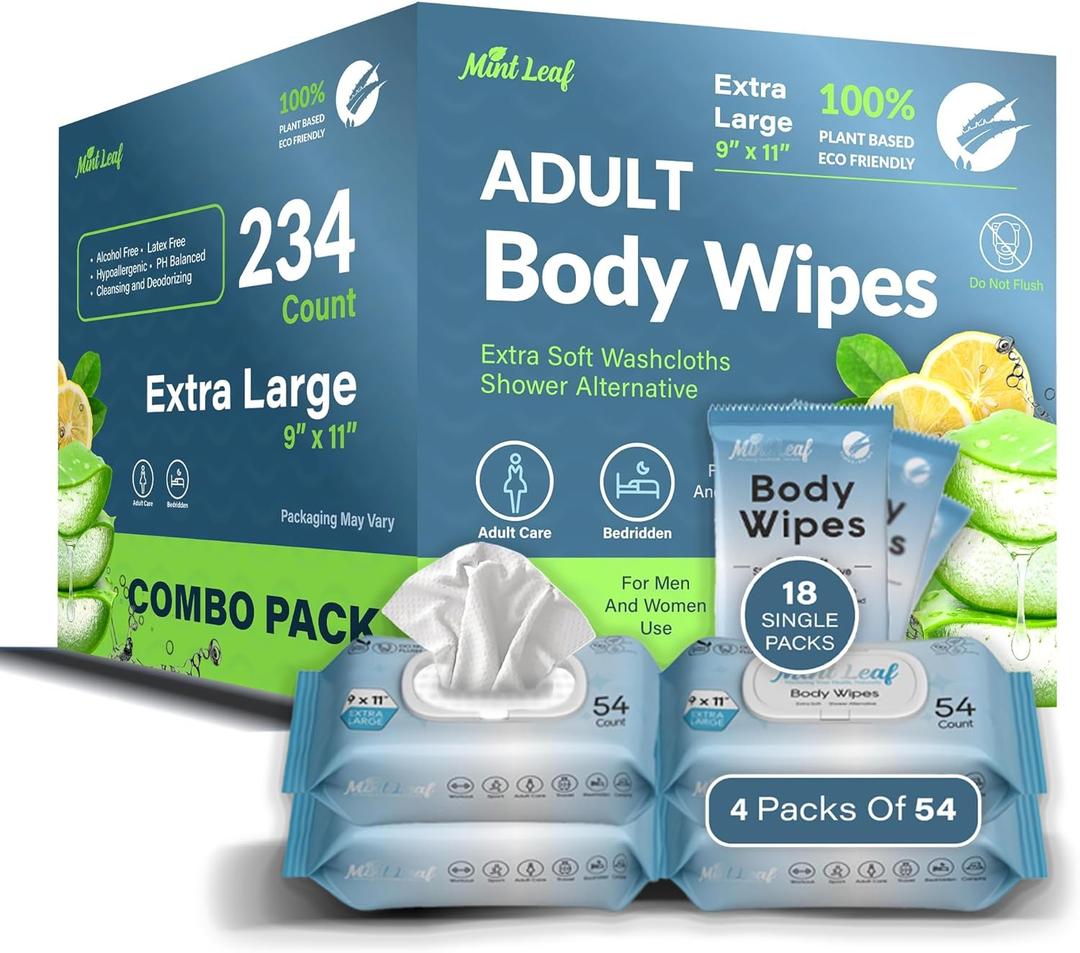 2 x XL Adult Body Wipes - No Rinse Shower & Incontinence Bath Wipe, 11x9 Cleansing Washcloths with Aloe Vitamin E, Hypoallergenic Disposable Wipes for Adults, Seniors, Gym & Travel - 4 Packs + 18 Singles 2 x XL Adult Body Wipes - No Rinse Shower & Incontinence Bath Wipe, 11x9 Cleansing Washcloths with Aloe Vitamin E, Hypoallergenic Disposable Wipes for Adults, Seniors, Gym & Travel - 4 Packs + 18 Singles