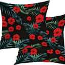 Black Flower Palm Leaves Throw Pillow Covers,Red Ethnic Style Cushion Cover Digital Blended Hidden Zipperl Decorative Pillowcases for Hair Skin Square 18X18 in 2 Pcs