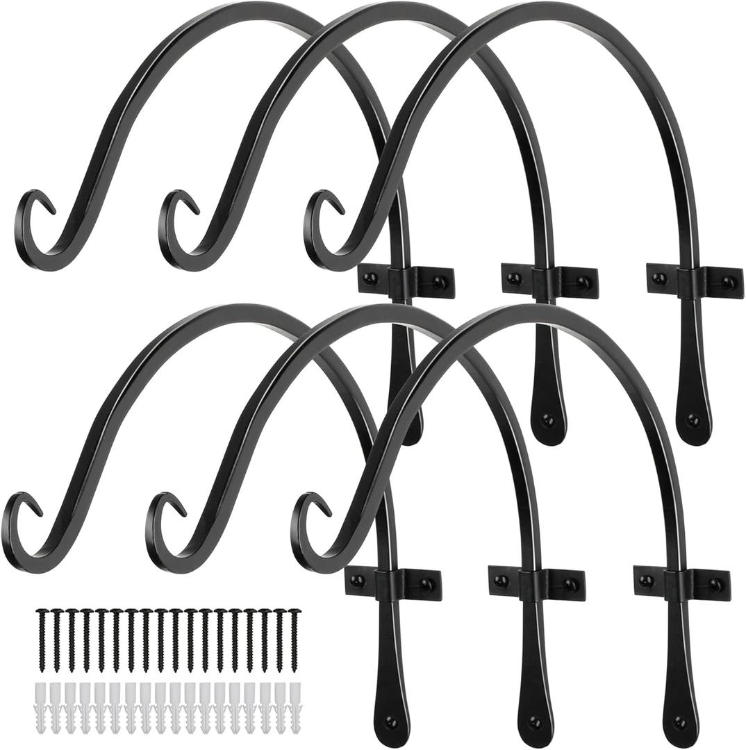 Worth Garden 6-Pack 14" Plant Hanger Bracket - Hand-Forged Wrought Iron Powder-Coated Heavy Duty Wall Hooks - Black Curved Plant Hanging Hooks for Bird Feeders, Flower Baskets, Indoor & Outdoor Use