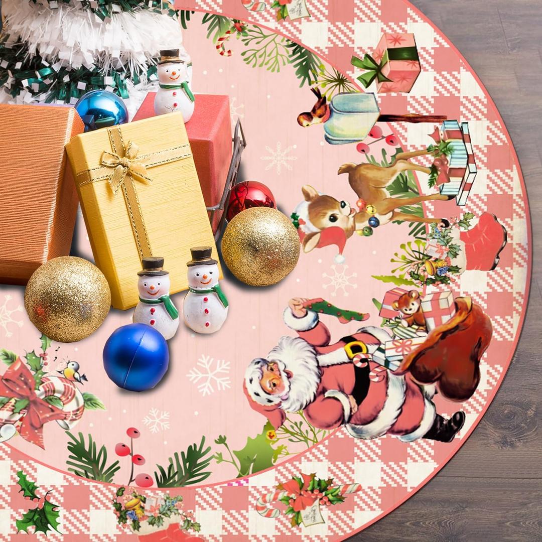 Pink Christmas Decorations Vintage Christmas Tree Skirt Merry Xmas Santa Tree Skirt Collar Mat with Snowflake Design for Holiday Party Decorations Indoor Outdoor