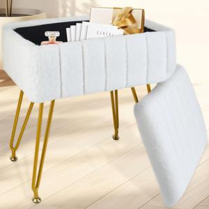 Vanity Stool with Storage, Faux Fur Makeup Stool with Metal Legs, Multifunctional Furry Footrest Ottoman Chair for Living Room Bedroom,White