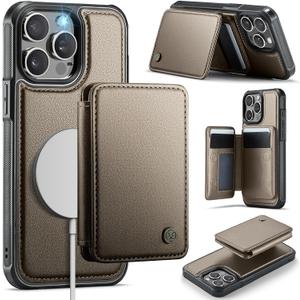 Compatible with Magsafe for iPhone 15 Pro Wallet Case Magnetic Card Holder, RFID Blocking 2 in 1 Detachable Kickstand Shockproof Case for Women Men, Bronze Gold