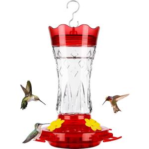 BOLITE Glass Hummingbird Feeders for Outdoors Hanging, Built-in Ant Moat, 4 Bee Guard Feeding Ports with Perches, Leak Proof, 15 Ounces, Stars Decor, Red, Gifts for Women Men, Gifts for Mom Dad