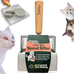 Sprinkle & Sweep Metal Cat Litter Scoop - Heavy Duty Litter Scooper & Speed Sifter with Comfortable Beech Wood Grip - Washable Convenient Stand for Easy and Efficient Cleaning