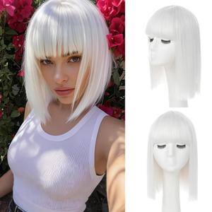 White Bob Wig With Bangs - Heat Resistant 14Inch Synthetic Hair, Short Straight Shoulder Length Natural-Looking Cosplay Wig for Daily Use, Parties & Women Girls