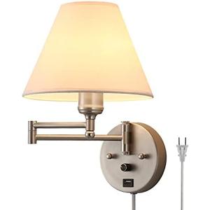 PFQCGU Swing Arm Wall Sconces, Plug-in Wall lamp,Bedroom Wall lamp ， White Fabric Shade，，with dimmable Switch and USB Charging Port, Suitable for Bedside, Living Room, Reading (Nickel)