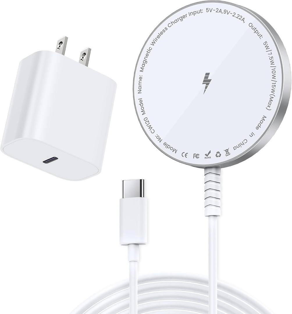 MagSafe Charger [Apple MFi Certified] for iPhone 17/16/15/14/13/12 & Airpods, 15W Fast Magnetic Wireless Charging Pad with 20W USB-C Adapter, Strong Magnetic, 5FT Cable,Ideas for Home Office & Travel