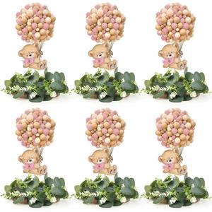 6 Set Baby Shower Bear Table Centerpieces Decortion Pink Bear with Eucalyptus Wreath Wood Slices Welcome Baby Table Toppers for Gender Reveal It's A Girl Gender Reveal Party Favor