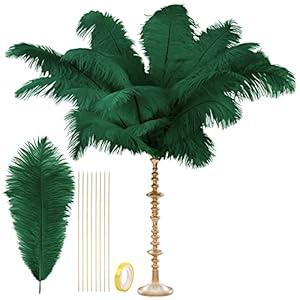 CROWN GUIDE Black Ostrich Feathers Bulk - 10 Pieces Making Kit 28 Inch Long Large Feathers for Crafts Vase Centerpieces Feather Lamp Wedding Party Pack Flower Arrangement Home Decoration, Green