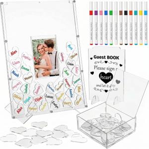 RattanView Wedding Guest Book Alternative with 50 Acrylic Hearts Chips Photo Slot Storage Box and 12 Pcs Pen Theme Picture Frame Rustic Guest Book Reception for Wedding Ceremony Anniversary Reception