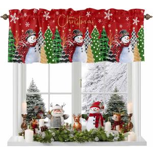 Christmas Tree Valance Curtains Snowman Christmas Kitchen Curtains Window Treatment Holiday Decor Red Black Buffalo Plaid Rod Pocket Valances for Kitchen Bathroom Living Room 54x18 Inch, 1 Panel