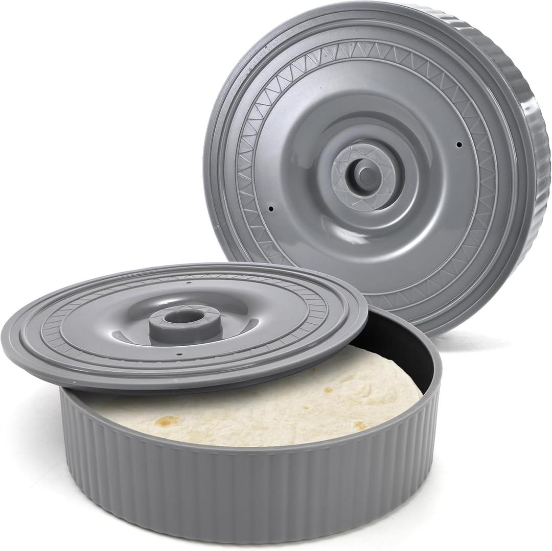 2 Pack Tortilla Warmer, 8.5 x 2.5 Inch Tortilla Server with Lid, Taco Holder for Party, Pancake Keeper Perfect for Keeping Tortillas, Waffles Warm, Microwave Safe, Gray