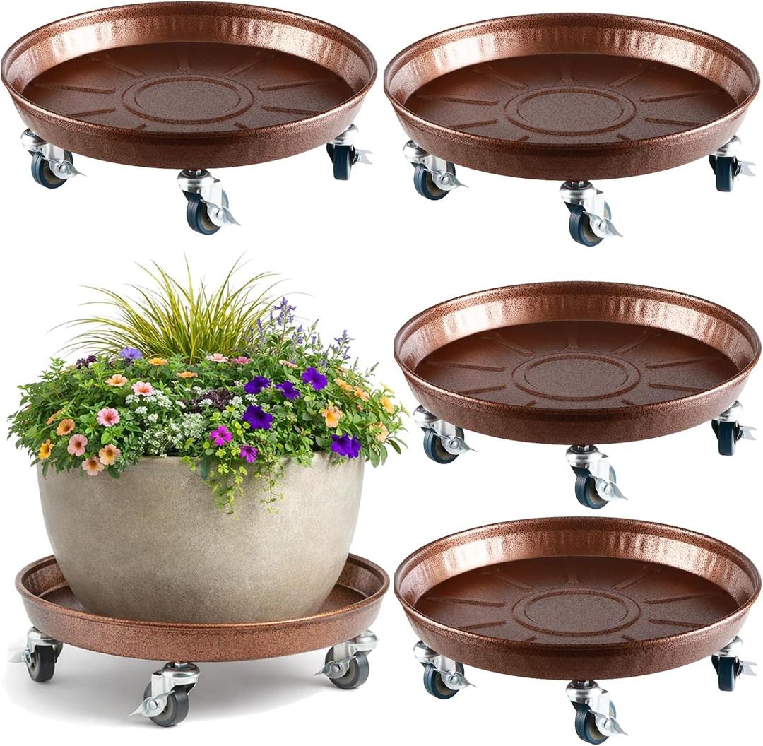 Planterhoma 4 Packs 16 Inch Metal Plant Caddy with Wheels Extra-Large Rolling Plant Stand Heavy-Duty Iron Plant Dolly Casters for Indoor Outdoor Flower Pot Mover Roller Coasters, Copper