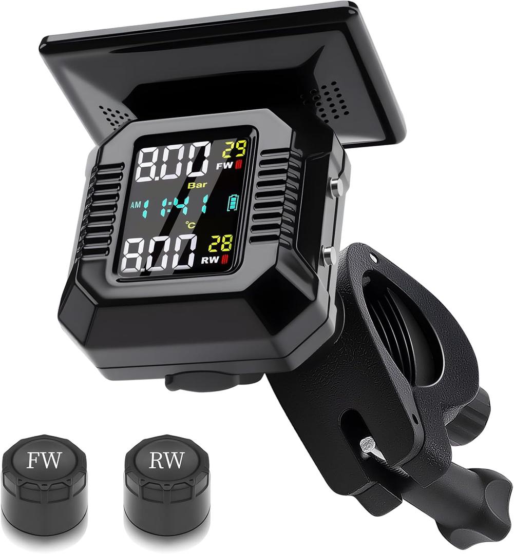 Motorcycle Tire Pressure Monitoring System, Motorcycle TPMS with 2 External Sensors, LCD Display, USB charging, IP67 Waterproof, Motorbike Tyre Temperature Alarm, Two-Wheeled Motorcycle TPMS