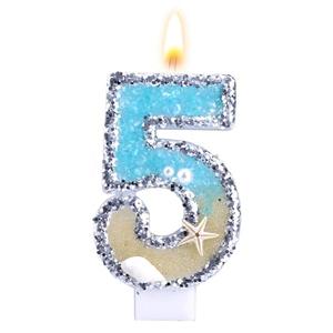 Beach Theme Number Candle, Beach Birthday Cake Topper Conch Starfish Sequins Number Candles for Birthday Party Cake Decoration Supplies (5)