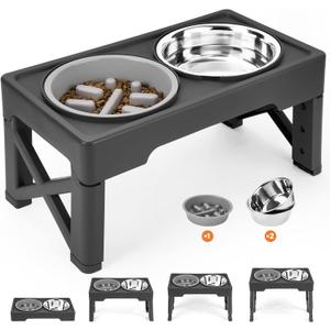 Elevated Dog Bowls with Slow Feeder, 4 Adjustable Heights Raised Dog Bowl Stand with Two 1.3L Stainless Steel Food & Water Bowls, Adjusts to 2.8, 8.6, 10.2, 11.8 for Large Medium, Small Dog & Cats
