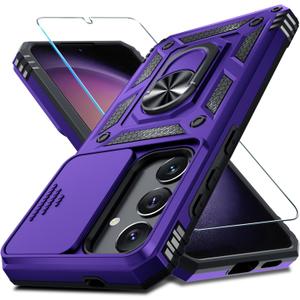 Janmitta Compatible with Samsung Galaxy S25 Plus/S24 Plus Case Built in Slide Camera Lens Cover+Screen Protector+Finger Ring Holder Kickstand,Heavy Duty Shockproof Full Body Phone Cover,Purple